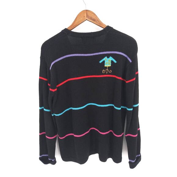 Terazzo Black Striped Sweater Print Button Front Grandma Knit Cardigan Sz Large - Picture 2 of 8